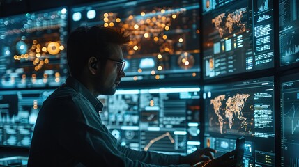 A cybersecurity analyst working in a high-tech security operations center. monitoring a vast data stream in real-time. Generative AI.
