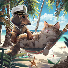 A cat and a dog rest in a hammock on the beach among palm trees