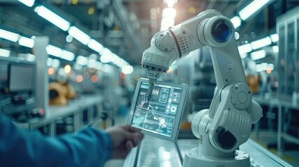 A future driven factory with robot arms working in the background, foreground a transparent tablet hold by a worker. Generative AI.