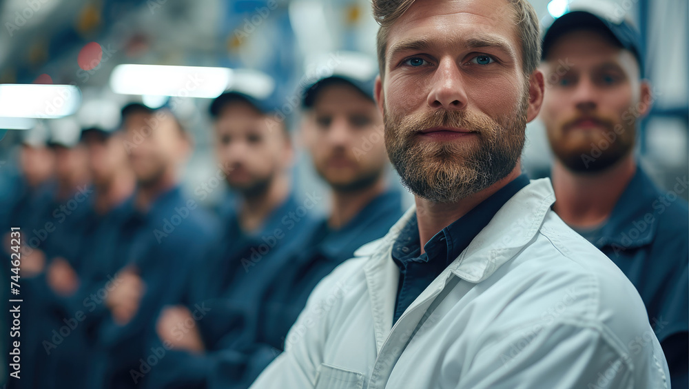 Poster A maintenance tech manager standing in front of a team of maintenance technicians. Generative AI.