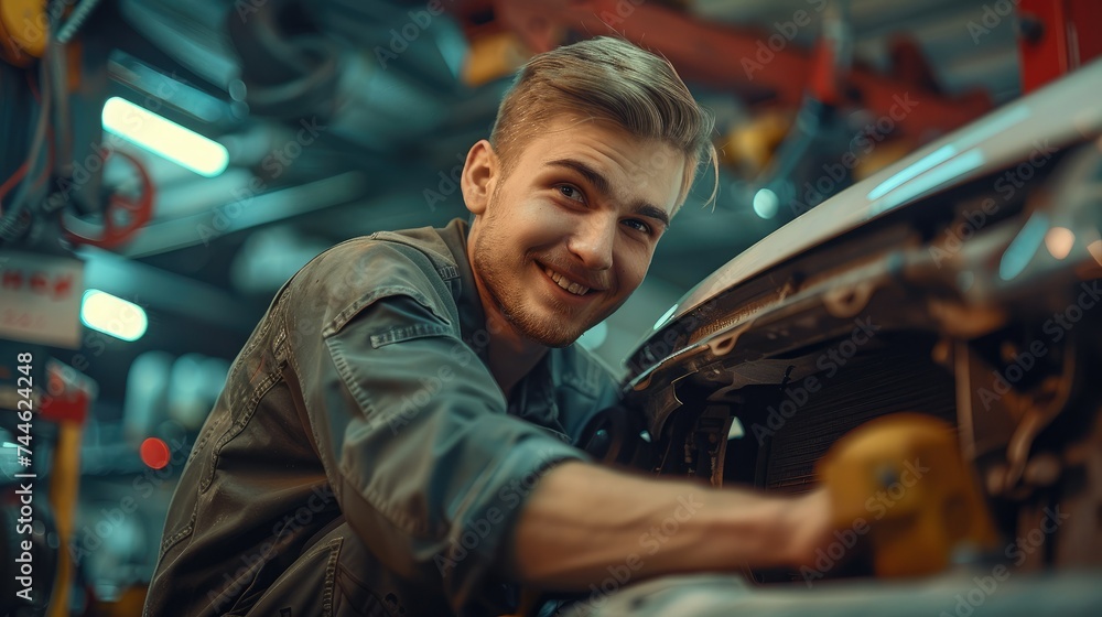 Poster a smiling car mechanic works with a car on the lift. generative ai.