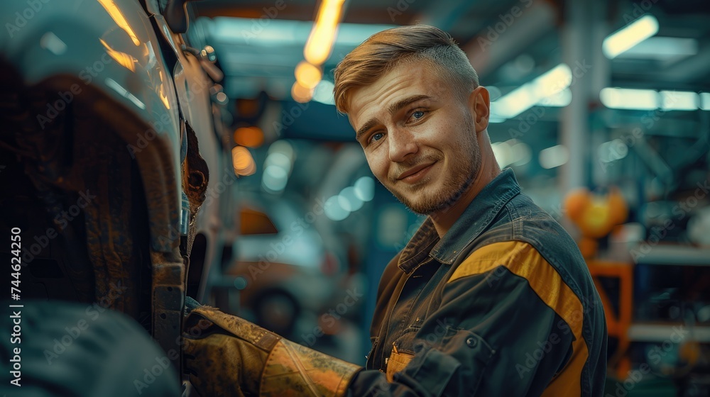 Poster a smiling car mechanic works with a car on the lift. generative ai.