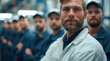 A maintenance tech manager standing in front of a team of maintenance technicians. Generative AI.