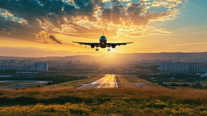 Fototapeta premium Airplane flying over urban cityscape at sunset with radiant skyline
