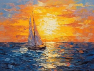 Sailboat Sailing in Ocean Sunset. Printable Wall Art.