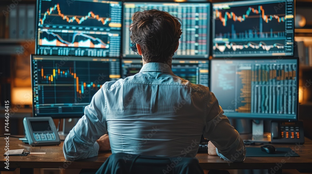 Poster a handsome trader stands at his desk analyzing high definition computer monitors orderly displaying 