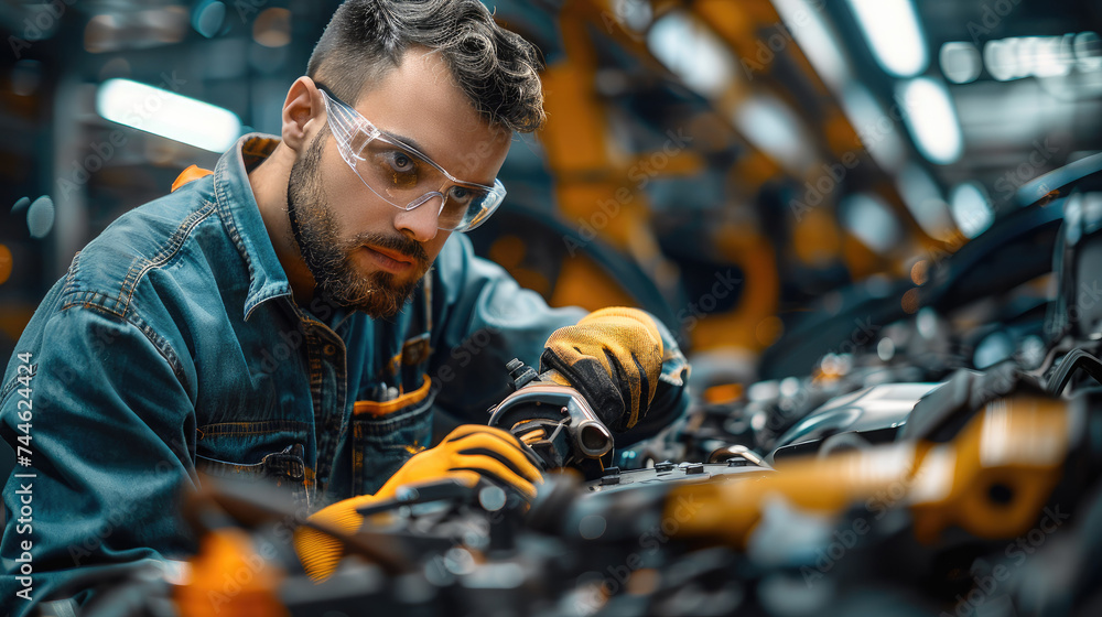 Poster an automotive factory worker reworking a technical failure at a car. generative ai.