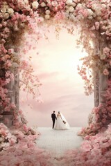 Wedding with arch and sea in background. Focus on a bouquet of roses.