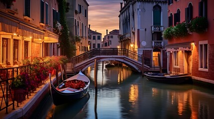 Canal and bridge in Venice at night, Italy. Panorama