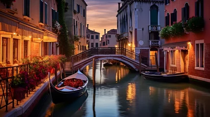 Wandcirkels tuinposter Canal and bridge in Venice at night, Italy. Panorama © I