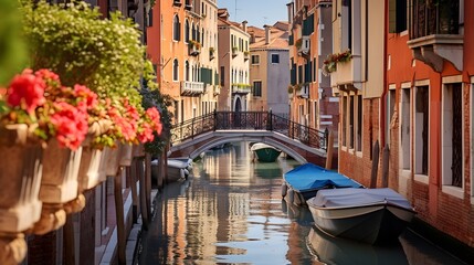 Fototapeta na wymiar Canal in Venice, Italy. Panoramic view of the canal and colorful houses