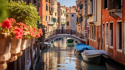 Gartenposter Canal in Venice, Italy. Panoramic view of the canal and colorful houses © I