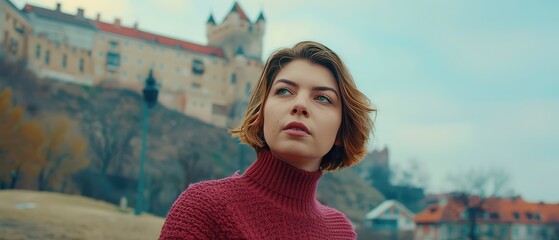 A red-haired girl with green eyes in a knitted red sweatshirt with a high collar against the backdrop of an old castle. Red-haired sorceress