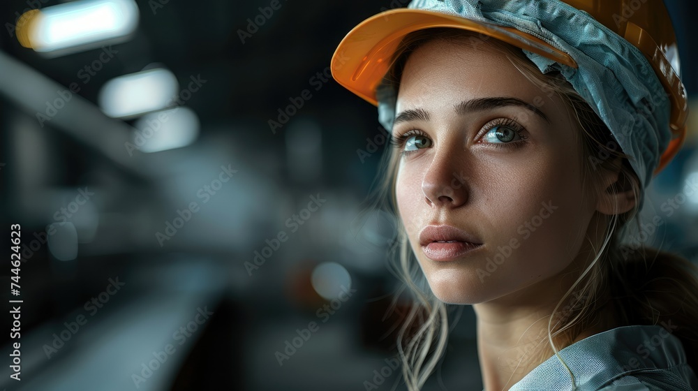 Poster female worker in a factory against a black background. generative ai.
