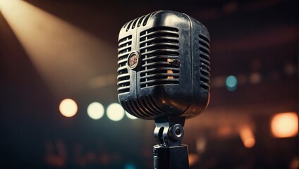 Nostalgic microphone spotlighted on a retro rock concert stage. 