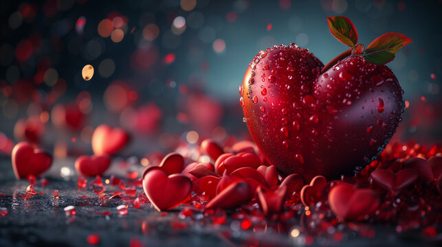 Fototapeta Glistening Dew on Red Love Heart with Leaf - Romance and Valentine's Day Concept, Apple Heart (AI generated)