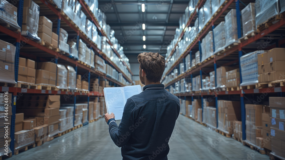Poster A man reads a document against the background of a clean modern warehouse with many boxes of packaging. Generative AI.