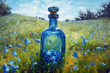 Exquisite blue glass bottle with flax oil. A transparent beautiful flacon with a shiny lid - obrazy, fototapety, plakaty