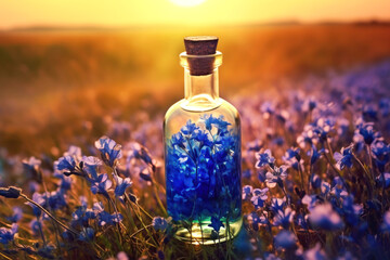 Exquisite blue glass bottle with flax oil. A transparent beautiful flacon with a shiny lid