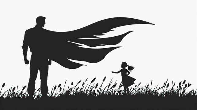 black and white silhouette of super dad or father and child, fathers day special