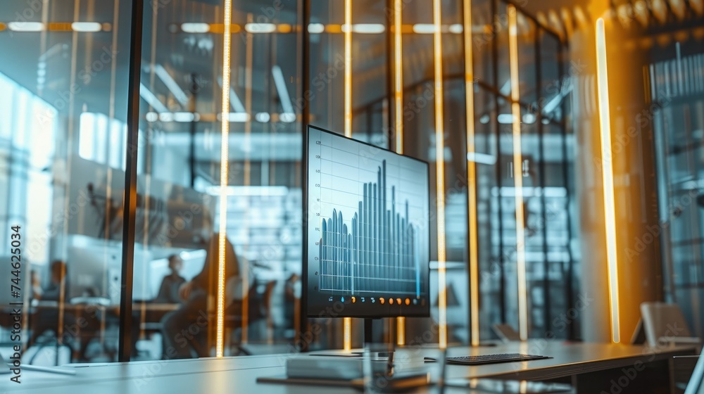 Aufkleber a big modern office with displaying a clear, upward-trending growth chart. strong vibe. generative a