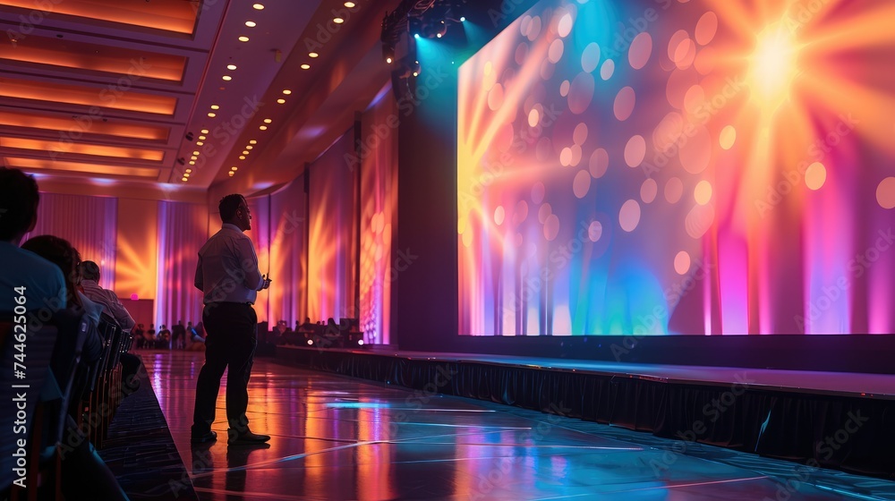 Aufkleber A large corporate event style stage with a host standing on a small platform with a large screen adjacent to him where he is addressing the room full of delegates. Generative AI.