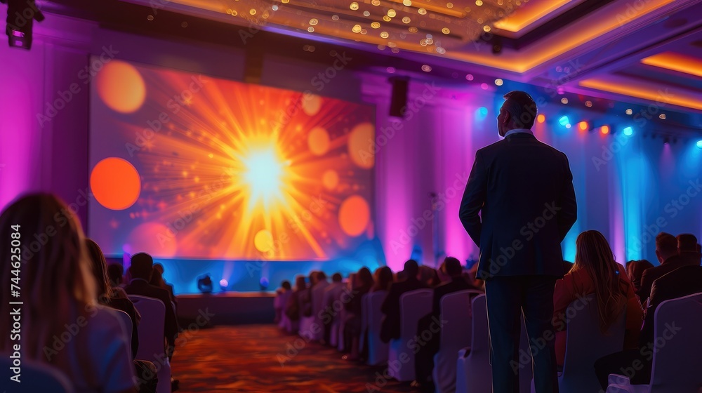 Aufkleber A large corporate event style stage with a host standing on a small platform with a large screen adjacent to him where he is addressing the room full of delegates. Generative AI.