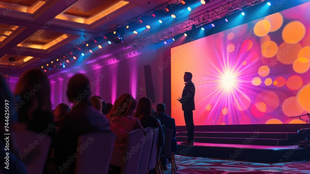 Poster A large corporate event style stage with a host standing on a small platform with a large screen adjacent to him where he is addressing the room full of delegates. Generative AI.