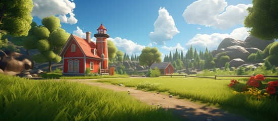 Lively scenery with green grass, trees, and a red fire hydrant, alongside a red roofed house in the distance.
