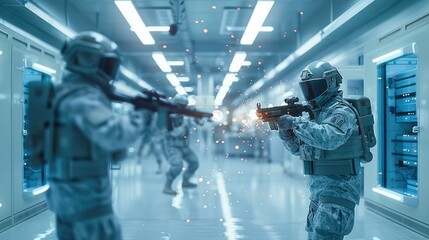 Sci fi military attacking high tech futuristic laboratory. Generative AI.