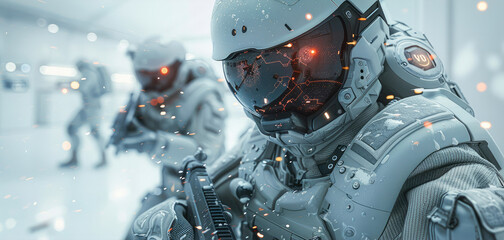 Sci fi military attacking high tech futuristic laboratory. Generative AI.