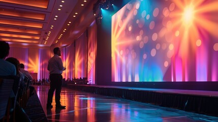 A large corporate event style stage with a host standing on a small platform with a large screen adjacent to him where he is addressing the room full of delegates. Generative AI.