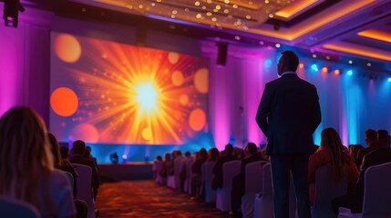 A large corporate event style stage with a host standing on a small platform with a large screen adjacent to him where he is addressing the room full of delegates. Generative AI.