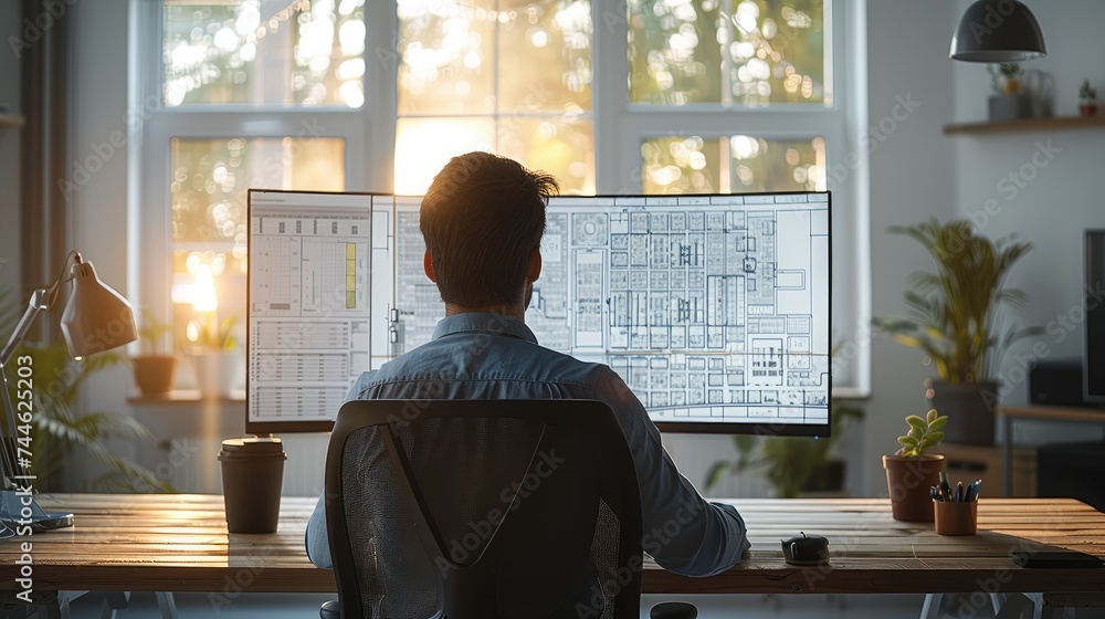 Aufkleber a male construction estimator sitting in front of a large monitor, working on a takeoff plan of a si