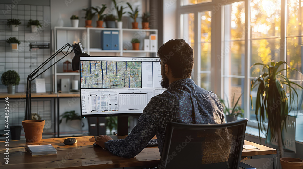 Poster a male construction estimator sitting in front of a large monitor, working on a takeoff plan of a si