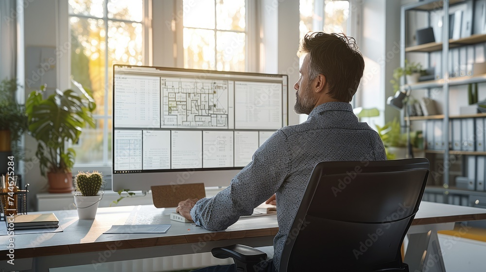 Poster a male construction estimator sitting in front of a large monitor, working on a takeoff plan of a si
