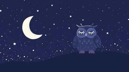 Obraz na płótnie Canvas A serene owl perched under a crescent moon, surrounded by stars. An ideal image for a calm nighttime theme in children's media or educational materials.