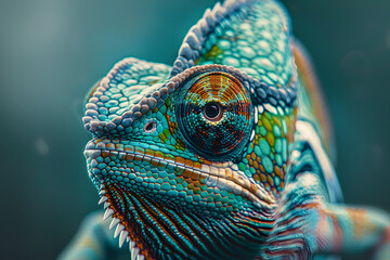 Fototapeta premium Green colored chameleon close up. Generative AI.
