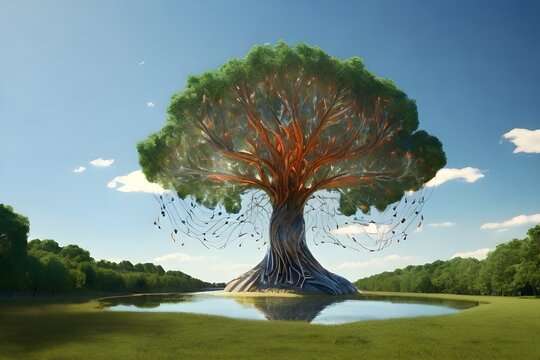 Abstract tree deep root system with cloudy sky . A symbol of growth, density of roots, resilience, hope, winning, never give up, strength, struggle, persistence, motivation. 