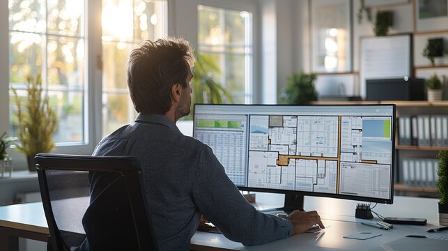 A male construction estimator sitting in front of a large monitor, working on a takeoff plan of a single family home. Generative AI. - Powered by Adobe