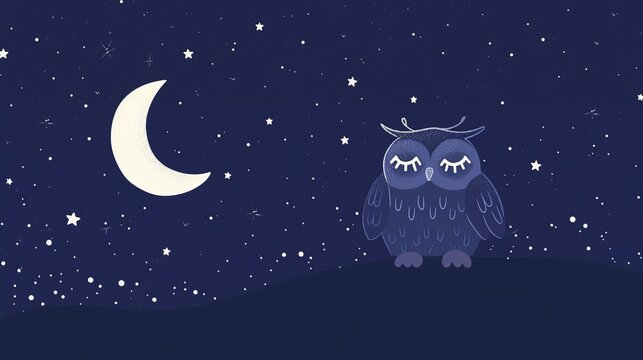 A serene owl perched under a crescent moon, surrounded by stars. An ideal image for a calm nighttime theme in children's media or educational materials.