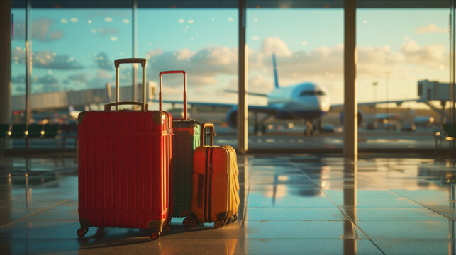Two suitcases at forefront of airport terminal, luggage that stands ready for travel on airplane prepares for takeoff background, airport terminal, global tourism, travel blogs and advertisements