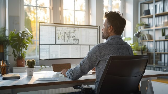 A male construction estimator sitting in front of a large monitor, working on a takeoff plan of a single family home. Generative AI.