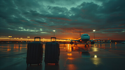 Two suitcases at forefront of airport terminal, luggage that stands ready for travel on airplane prepares for takeoff background, airport terminal, global tourism, travel blogs and advertisements