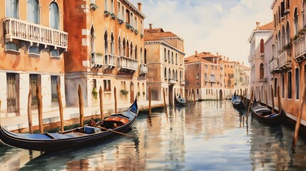 Panoramic view of Venice canal with gondolas. Italy