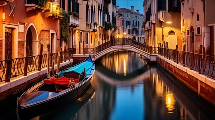 Papier Peint photo Gondoles Canal in Venice at night, Italy. Panoramic view
