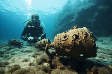 Gordijnen scuba diver underwater exploring ancient amphoras © wendi