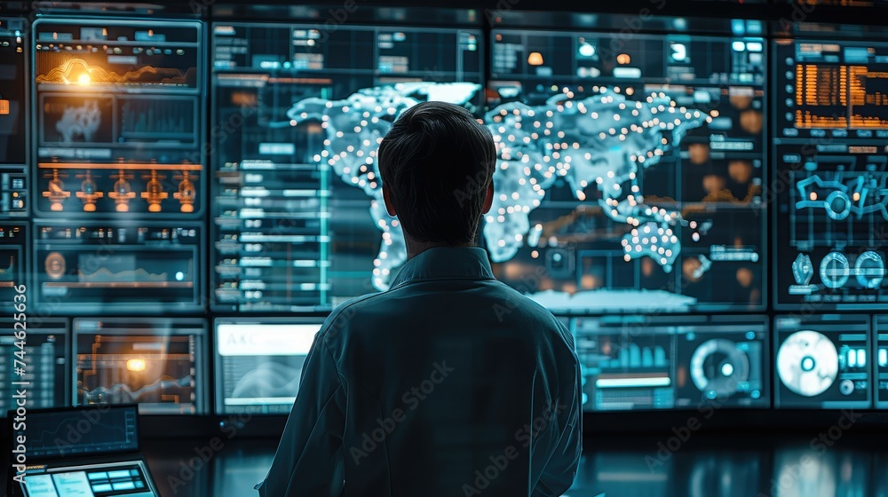 Aufkleber A person standing in front of the screen, looking at the screen so as to study the data being shown on the screen, complex workflows being managed on high tech machines. Generative AI.