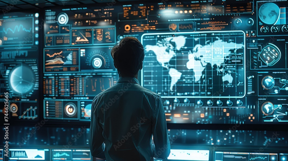 Leinwandbilder A person standing in front of the screen, looking at the screen so as to study the data being shown on the screen, complex workflows being managed on high tech machines. Generative AI.