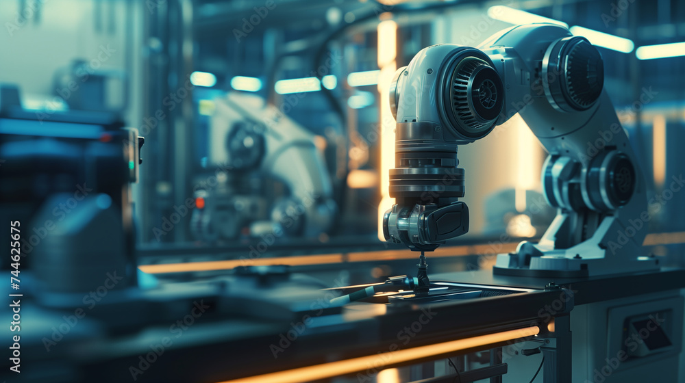 Poster modern robotic arm working in a factory, concept of ai automation, futuristic artificial intelligenc